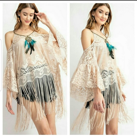 Lace Boho Tunic with Fringe & Feather Detail - Picture 2 of 3